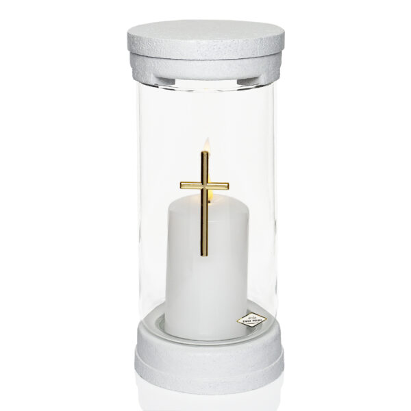 Elegancki biały prosty znicz w formie walca z serii exclusive ze złotym lub srebrnym krzyżem
