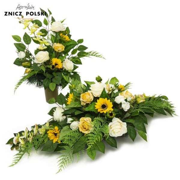 Kompozycja nagrobna z kwiatami słonecznika i róż do wyboru wiązanka, wianek i bukiet
