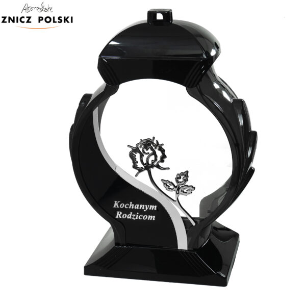 Elegancki czarno-srebrny znicz nagrobny z dedykacją dla rodziców OB FALA RÓŻA RODZICOM