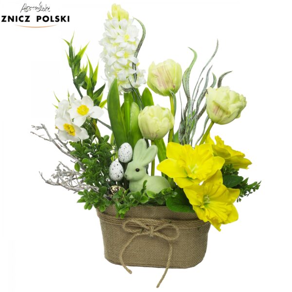 Kompozycja wiosenna z żółto-białych kwiatów na Święta Wielkanocne
