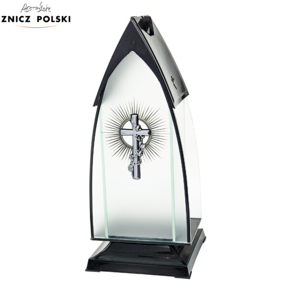 Elegancki stylowy srebrny znicz z krzyżem i hostią