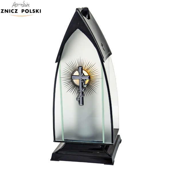 Elegancki stylowy srebrny znicz z krzyżem i hostią