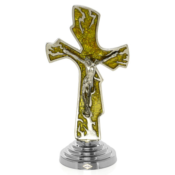 Krzyż stojący metalowy zdobiony żywicą kolorową